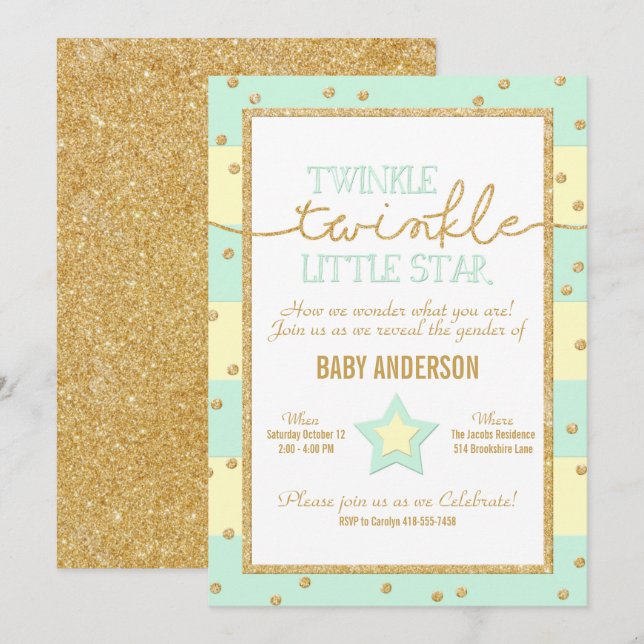 Twinkle Twinkle Aqua Yellow Gold Gender Reveal Invitation (Front/Back)