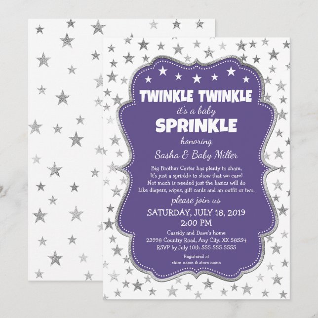 Twinkle Twinkle Baby Sprinkle purple invitations (Front/Back)