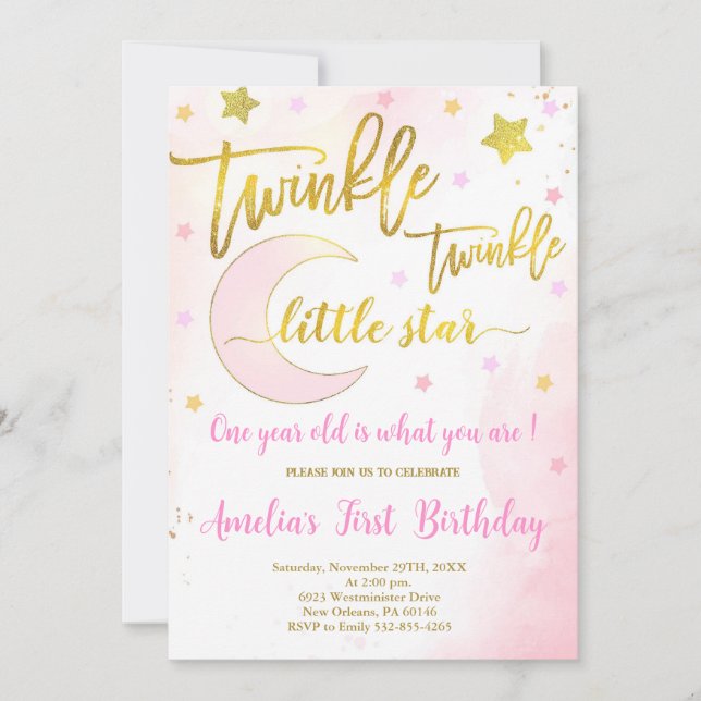 Twinkle Twinkle Birthday, Moon & Stars Birthday Invitation (Front)