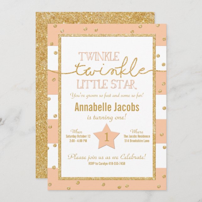 Twinkle Twinkle Coral and Gold Birthday Invitation (Front/Back)