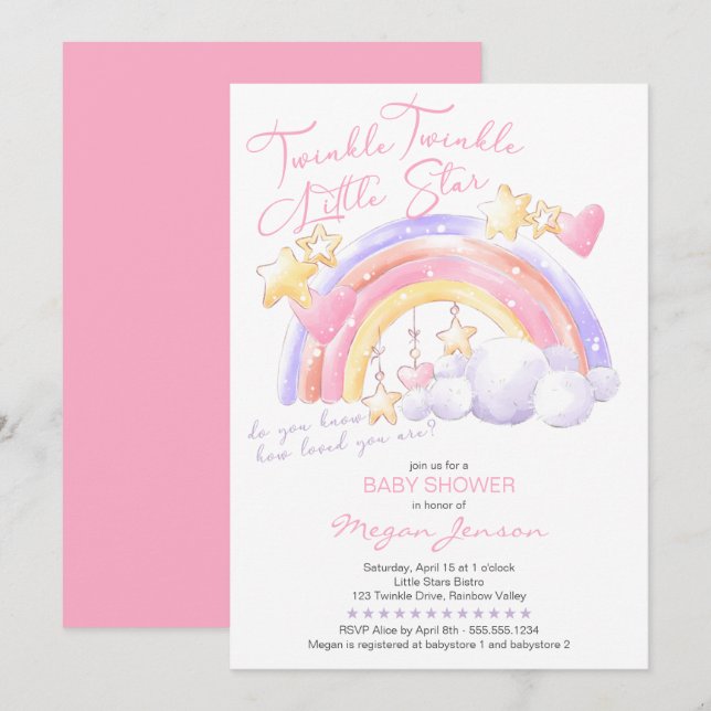 Twinkle Twinkle Cute Rainbow Pink Girl Baby Shower Invitation (Front/Back)