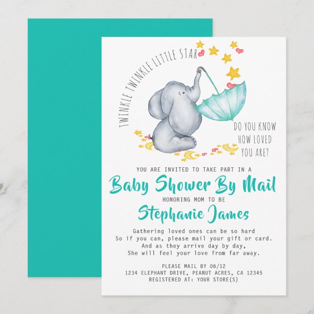 Twinkle Twinkle Elephant Baby Shower by Mail Invitation (Front/Back)