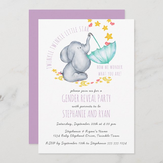 Twinkle Twinkle Elephant Lilac Gender Reveal Invitation (Front/Back)