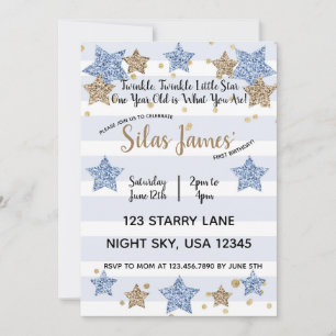 Twinkle Twinkle Little Star 1st Birthday Blue Gold Invitation