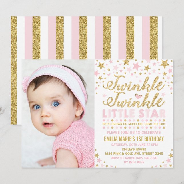 Twinkle Twinkle Little Star 1st Birthday Pink Gold Invitation (Front/Back)