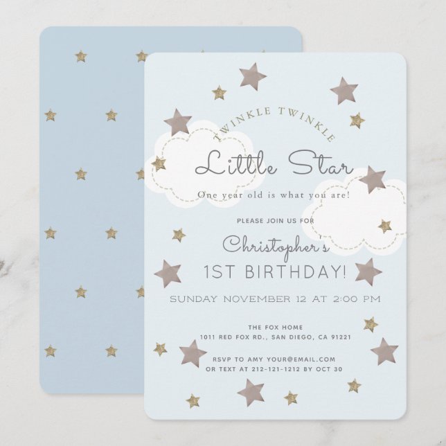 Twinkle Twinkle Little Star 1st Boy Birthday Invitation (Front/Back)