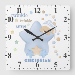 Twinkle Twinkle Little Star Baby Boy Teddy Bear Sq Square Wall Clock