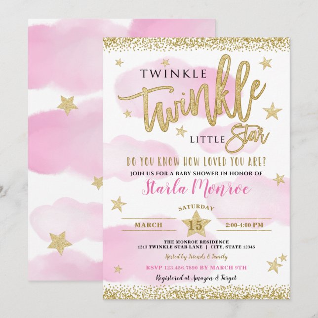 Twinkle Twinkle Little Star Baby Girl Shower Invitation (Front/Back)