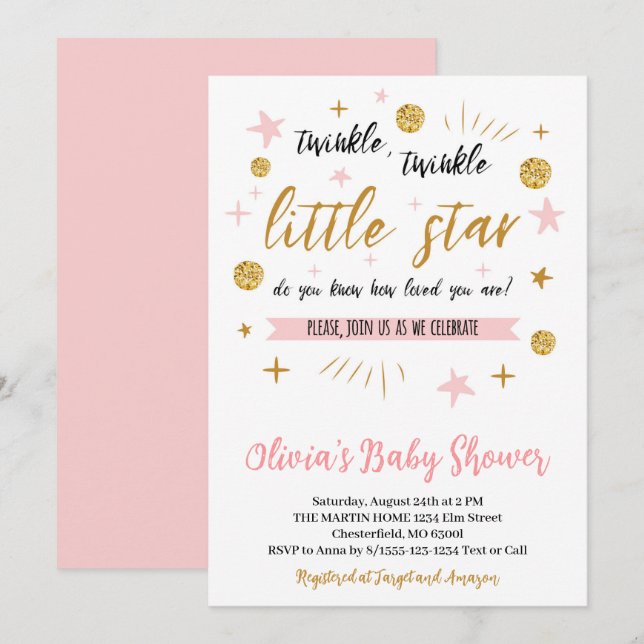 Twinkle Twinkle Little Star Baby Shower, Gold Pink Invitation (Front/Back)