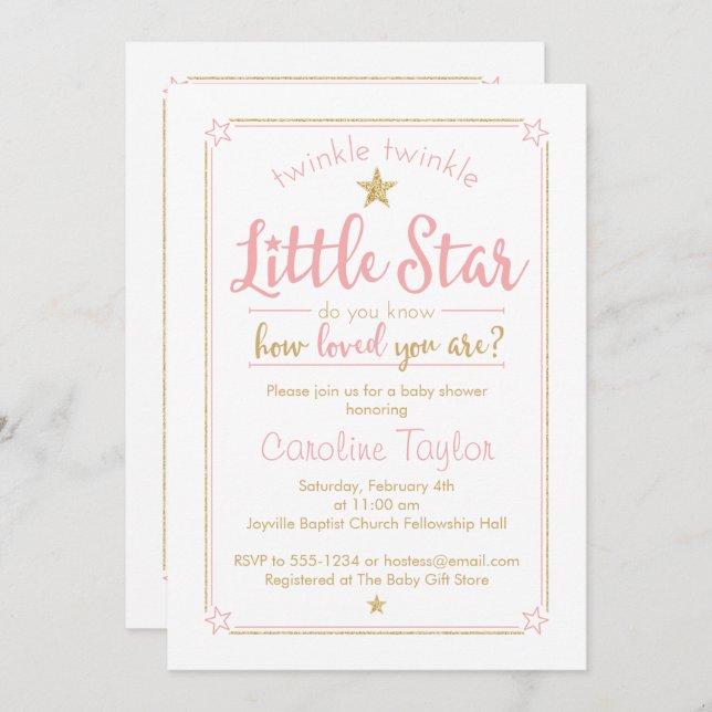 Twinkle Twinkle Little Star Baby Shower Pink Gold Invitation (Front/Back)