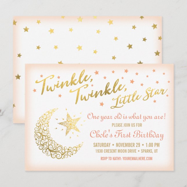 Twinkle, Twinkle, Little Star Birthday Party coral Invitation (Front/Back)