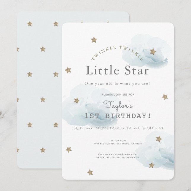 Twinkle Twinkle Little Star Blue Birthday Invitation (Front/Back)