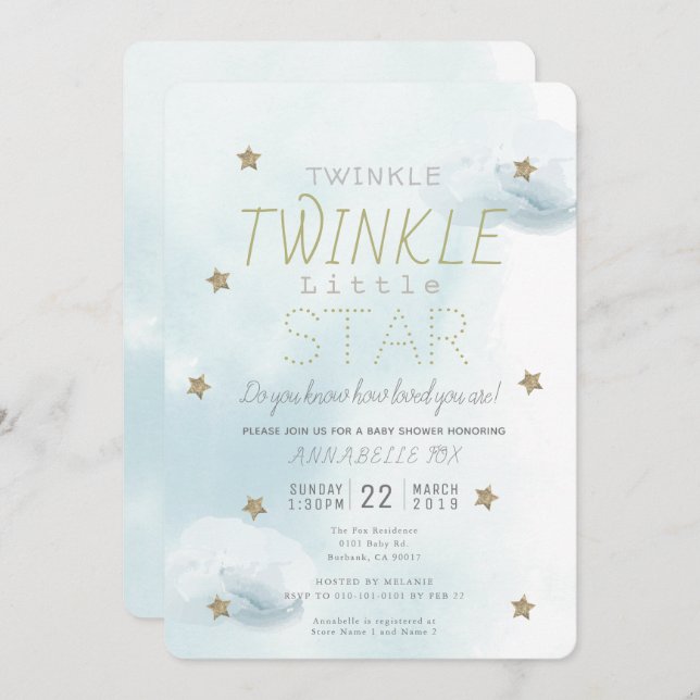 Twinkle Twinkle Little Star Blue Boy Baby Shower Invitation (Front/Back)