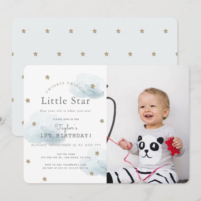 Twinkle Twinkle Little Star Blue Photo Birthday Invitation (Front/Back)