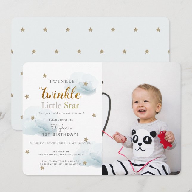 Twinkle Twinkle Little Star Blue Photo Birthday Invitation (Front/Back)