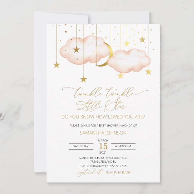 Twinkle Twinkle Little Star, Blush Moon and Stars  Invitation (Front)