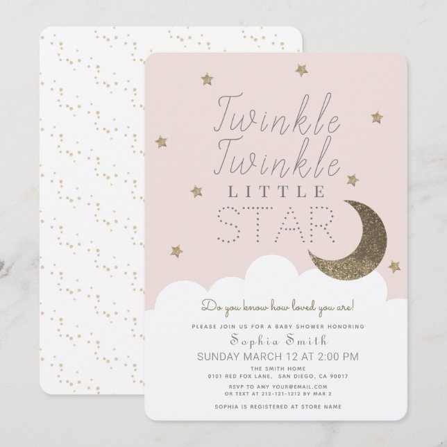 Twinkle Twinkle Little Star Blush Pink Baby Shower Invitation (Front/Back)