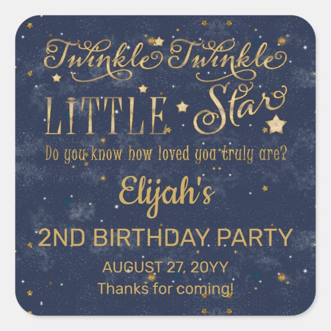 Twinkle Twinkle Little Star Boy 2ND Birthday Party Square Sticker (Front)