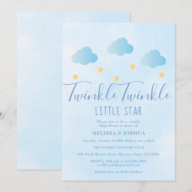 Twinkle Twinkle Little Star Boy Blue Baby Shower Invitation (Front/Back)