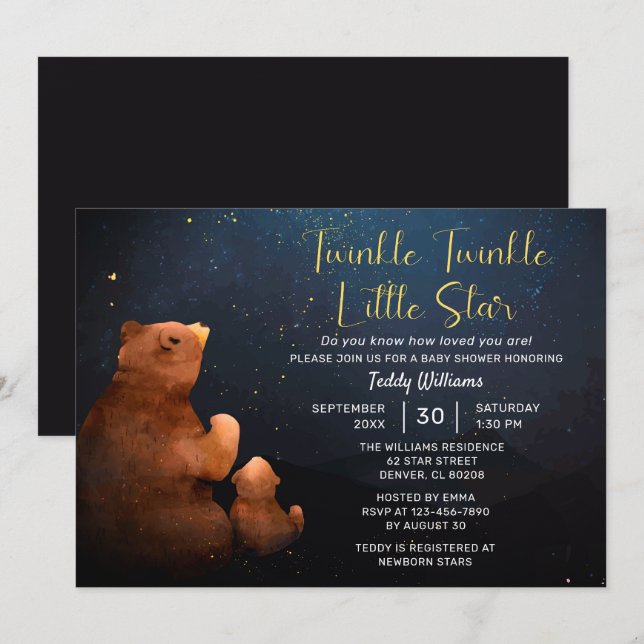 Twinkle Twinkle Little Star Cute Bear Baby Shower  Invitation (Front/Back)