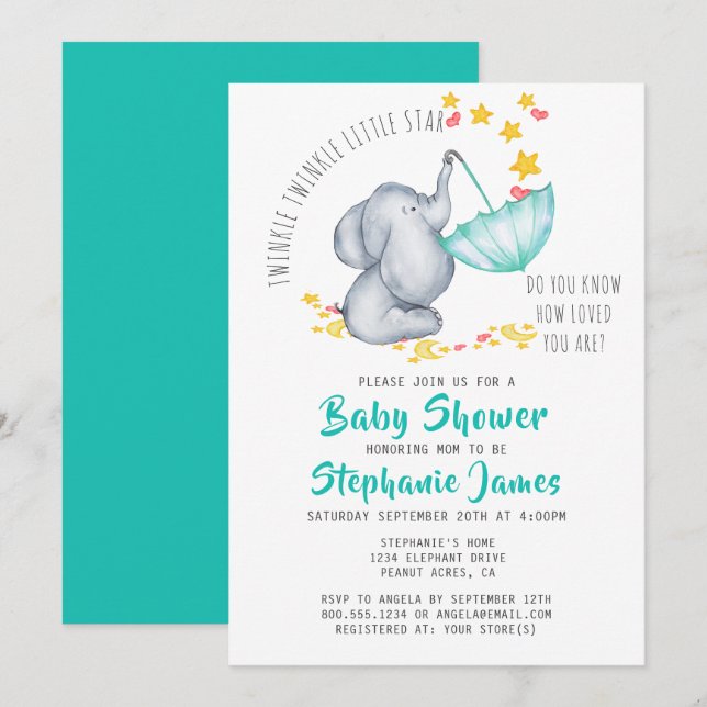 Twinkle Twinkle Little Star Elephant Baby Shower Invitation (Front/Back)
