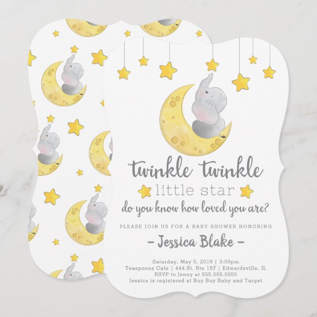 'Twinkle Twinkle Little Star' Elephant Baby Shower Invitation (Front/Back)
