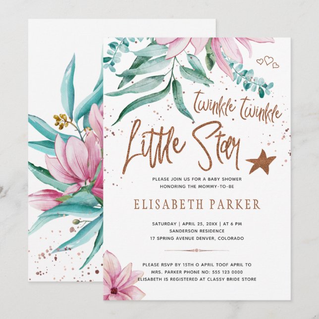 Twinkle twinkle little star floral baby shower invitation (Front/Back)