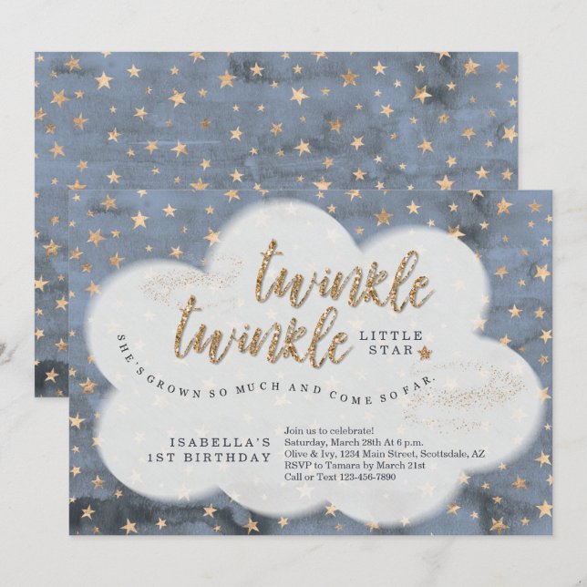 Twinkle Twinkle Little Star Girls First Birthday Invitation (Front/Back)