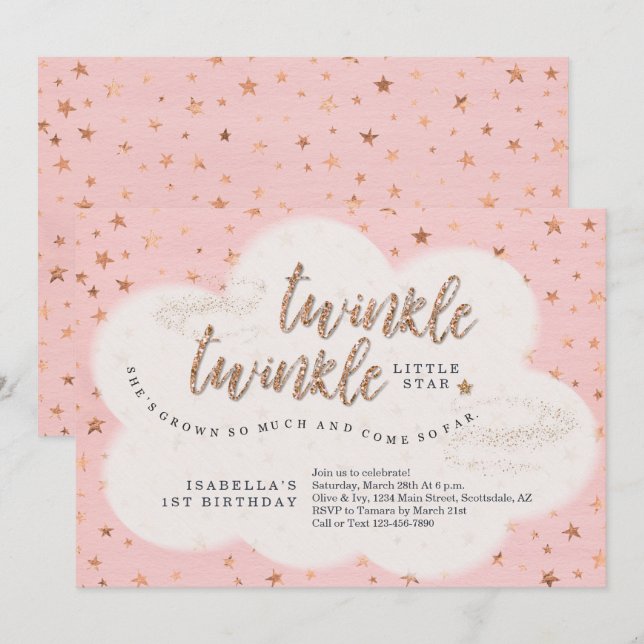 Twinkle Twinkle Little Star Girls First Birthday Invitation (Front/Back)