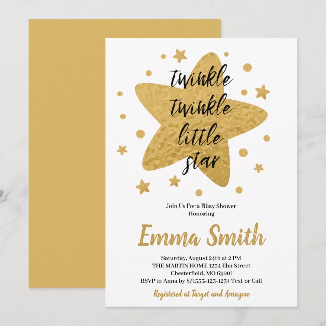 Twinkle Twinkle Little Star Gold Stars Baby Shower Invitation (Front/Back)