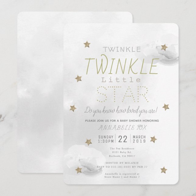 Twinkle Twinkle Little Star Grey Baby Shower Invitation (Front/Back)