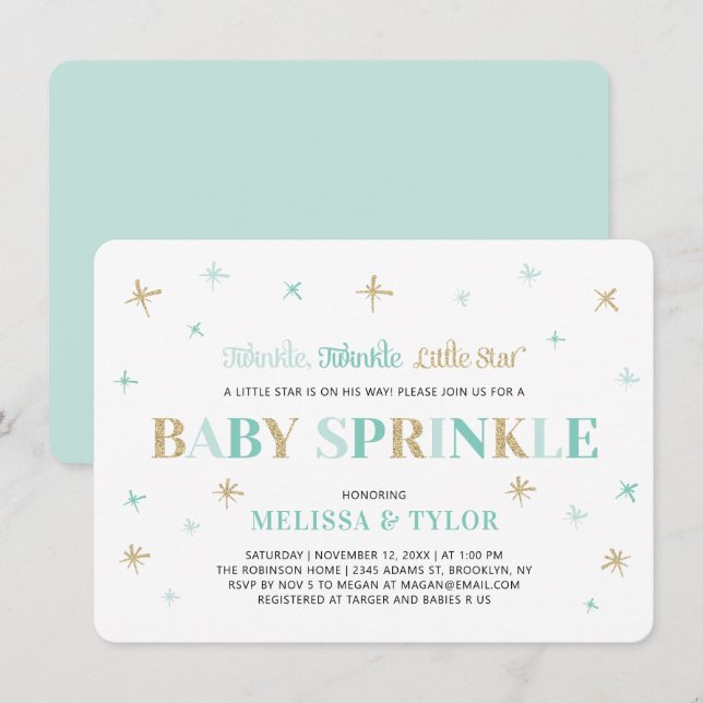 Twinkle Twinkle Little Star Mint Boy Baby Sprinkle Invitation (Front/Back)