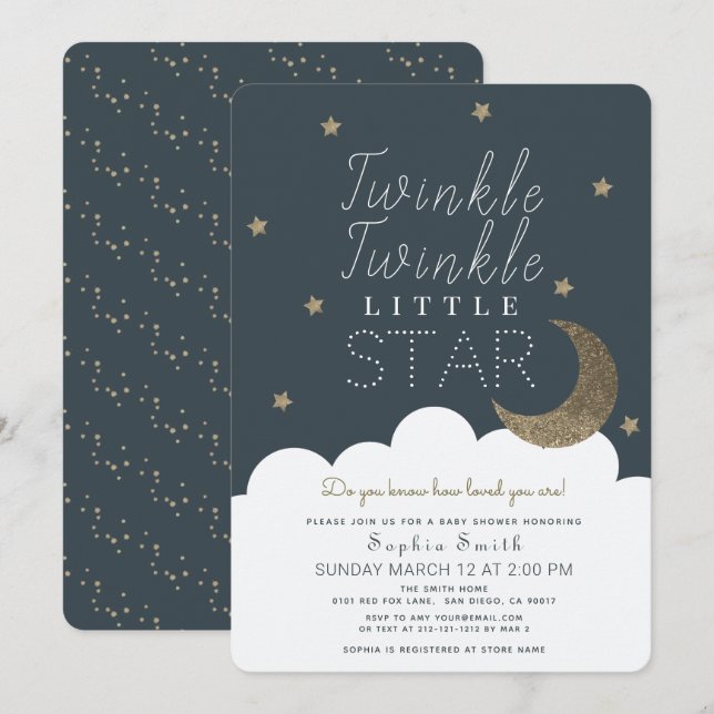 Twinkle Twinkle Little Star Navy Blue Baby Shower Invitation (Front/Back)