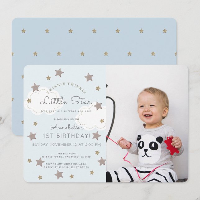 Twinkle Twinkle Little Star Photo Blue Birthday Invitation (Front/Back)