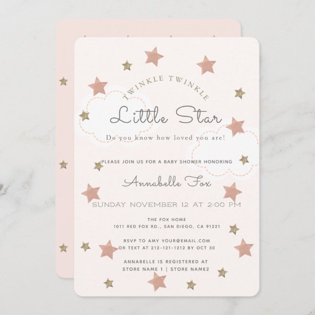 Twinkle Twinkle Little Star Pink Baby Shower Invitation (Front/Back)