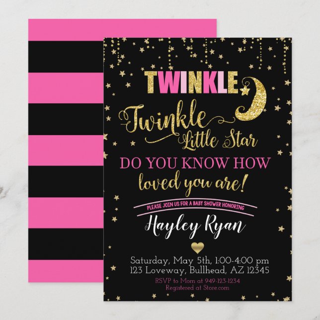 Twinkle Twinkle Little Star Pink Black Baby Shower Invitation (Front/Back)