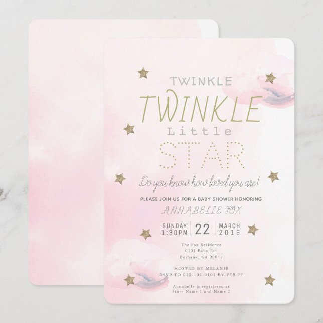Twinkle Twinkle Little Star Pink Girl Baby Shower Invitation (Front/Back)