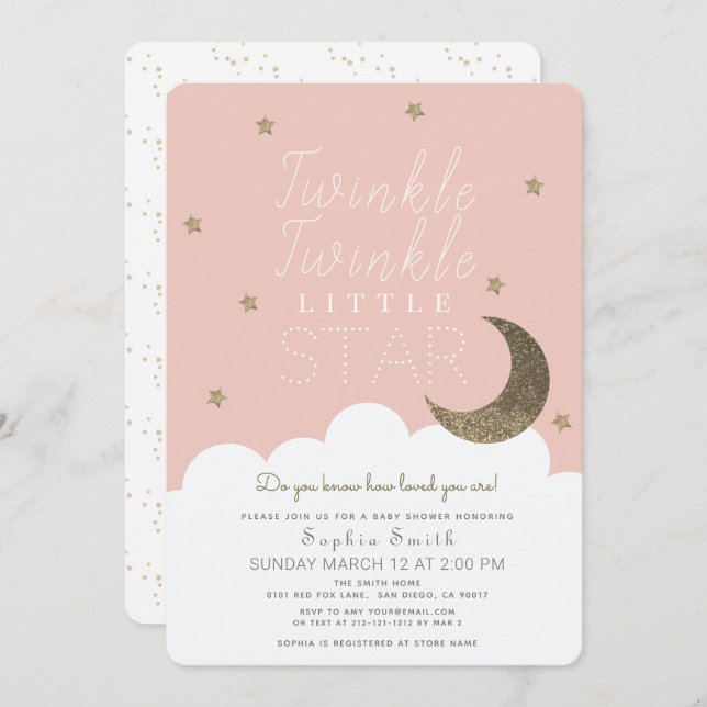 Twinkle Twinkle Little Star Pink Girl Baby Shower Invitation (Front/Back)