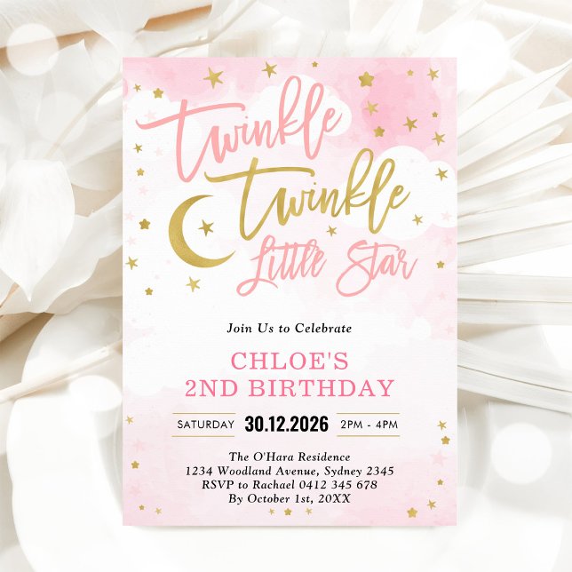 Twinkle Twinkle Little Star Pink Girl Birthday Invitation (Creator Uploaded)