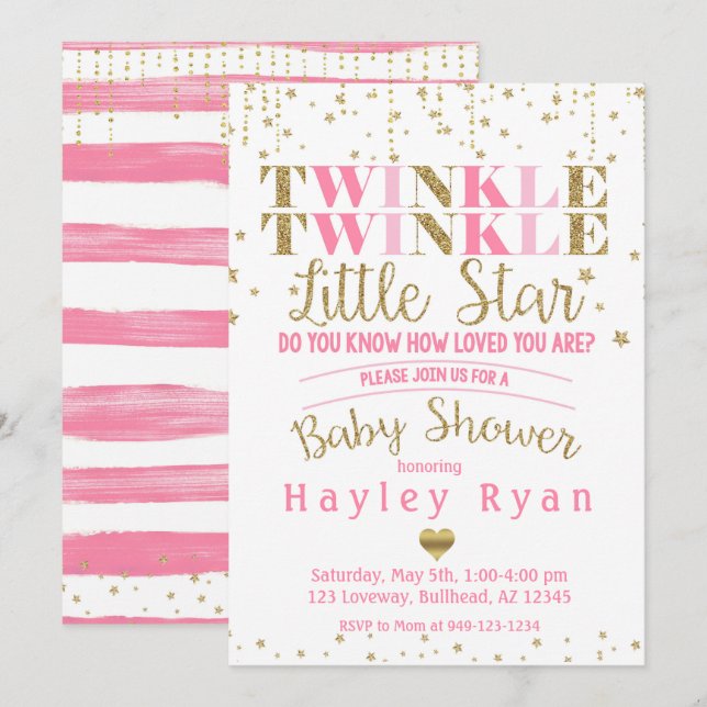 Twinkle Twinkle Little Star Pink Gold Baby Shower Invitation (Front/Back)