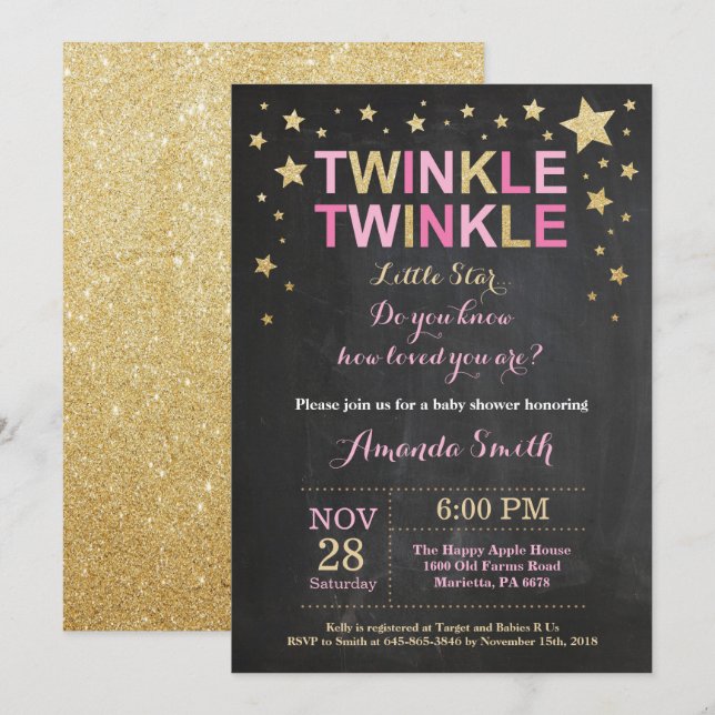 Twinkle Twinkle Little Star Pink Gold Baby Shower Invitation (Front/Back)
