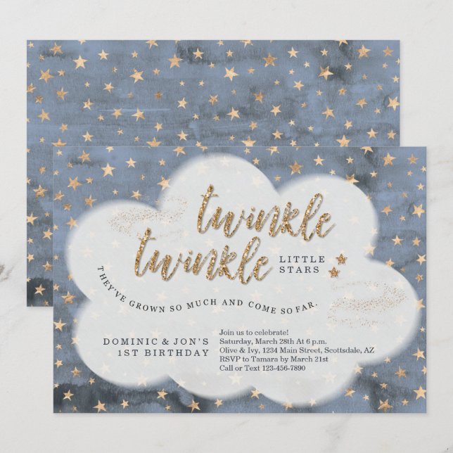 Twinkle Twinkle Little Star Twin Boys 1st Birthday Invitation (Front/Back)