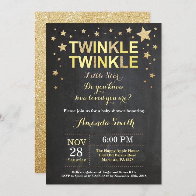 Twinkle Twinkle Little Star Yellow Baby Shower Invitation (Front/Back)