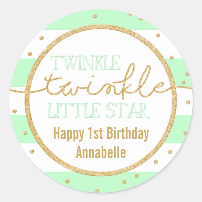 Twinkle Twinkle Mint and Gold Birthday Sticker (Front)