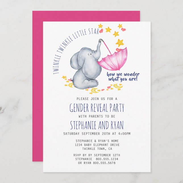 Twinkle Twinkle Navy Pink Elephant Gender Reveal Invitation (Front/Back)