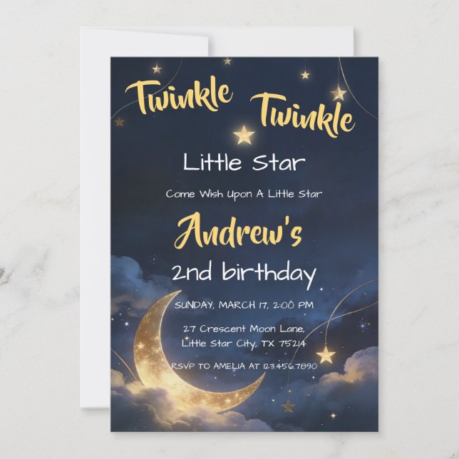 Twinkle Twinkle Night Sky Crescent Moon Birthday Invitation (Front)