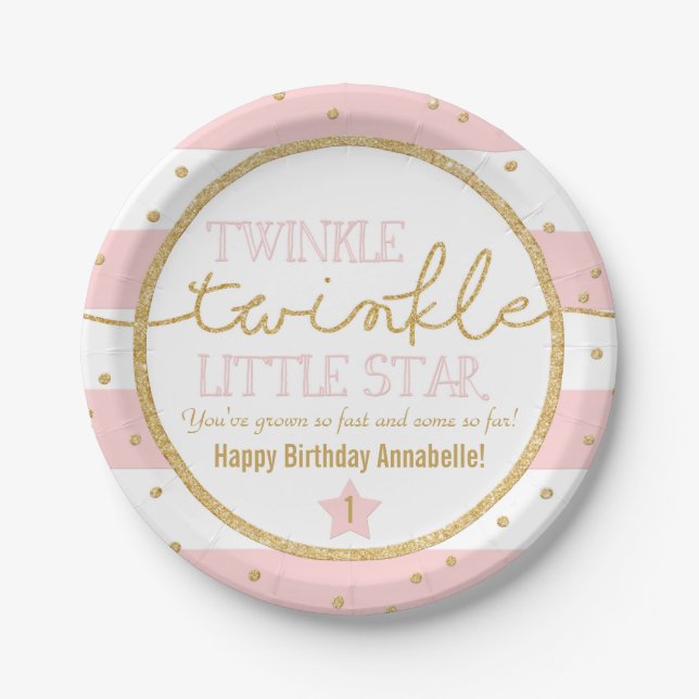 Twinkle Twinkle Pink and Gold Birthday Plates (Front)