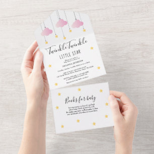 Twinkle Twinkle Pink Clouds Gold Stars Baby Shower All In One Invitation