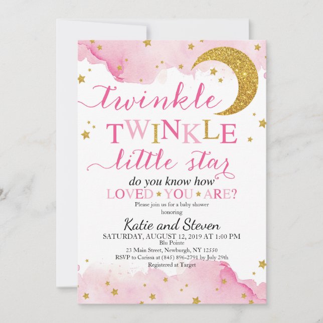 Twinkle Twinkle (Pink & Gold) Baby Shower Invitation (Front)