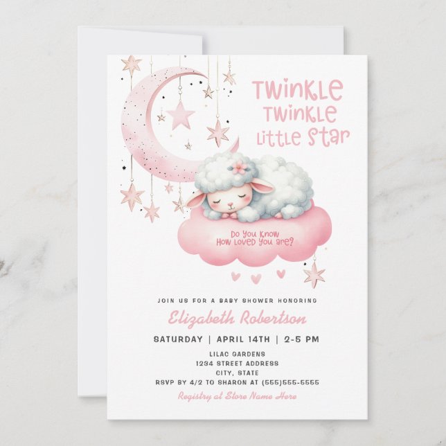 Twinkle Twinkle Pink Lamb Girls Baby Shower Invitation (Front)